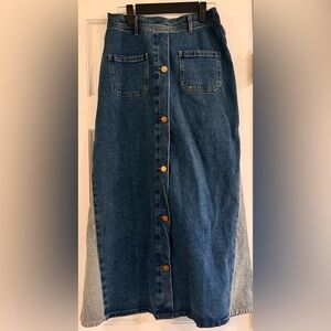 Button-Front Dark Blue Denim Midi Skirt